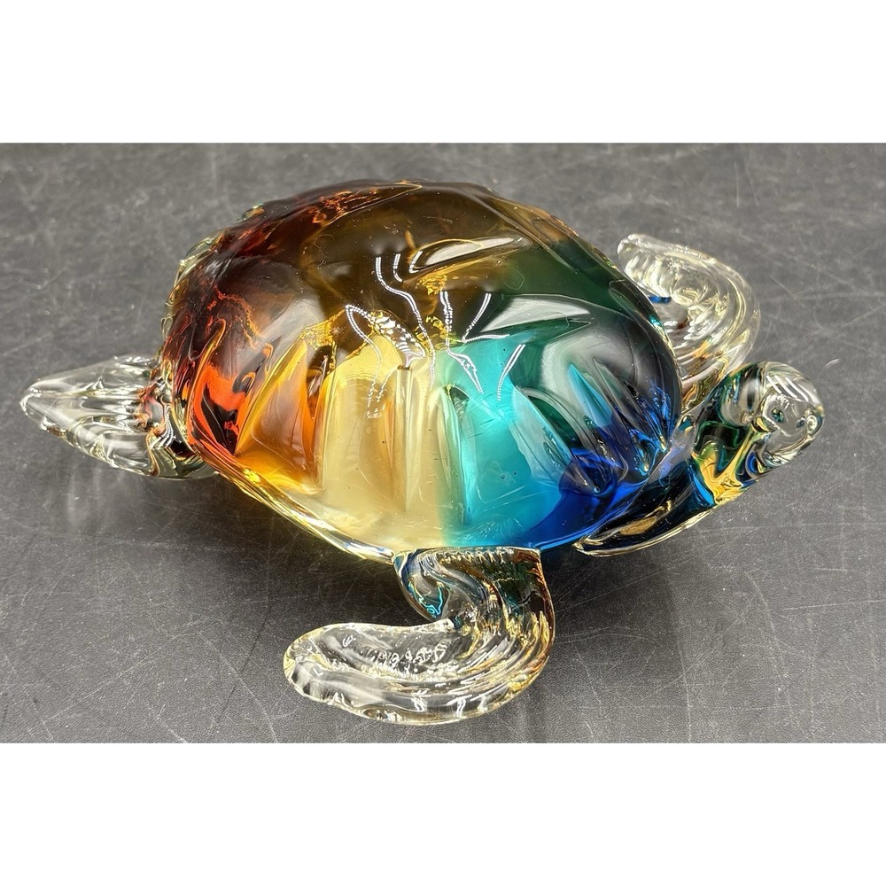 Vinci Art Glass Dynasty Gallery Hand Blown Multi Colored Turtle Paperweight 7"